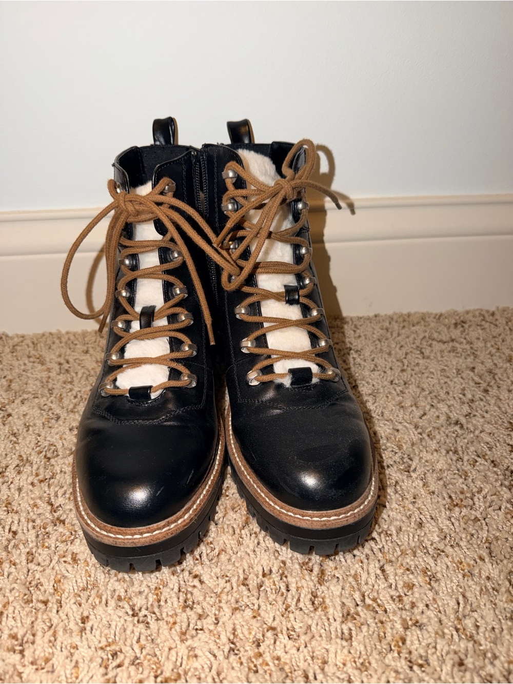 Women's Black Lace-Up Leather Boot with Tan Laces